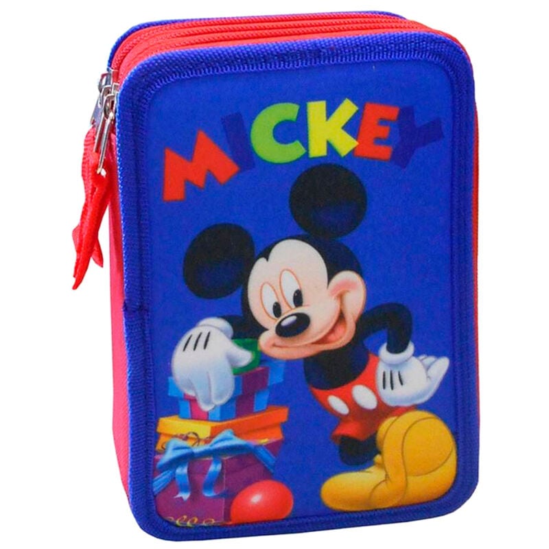 Plumier triple azul y rojo de Mickey Mouse con material escolar