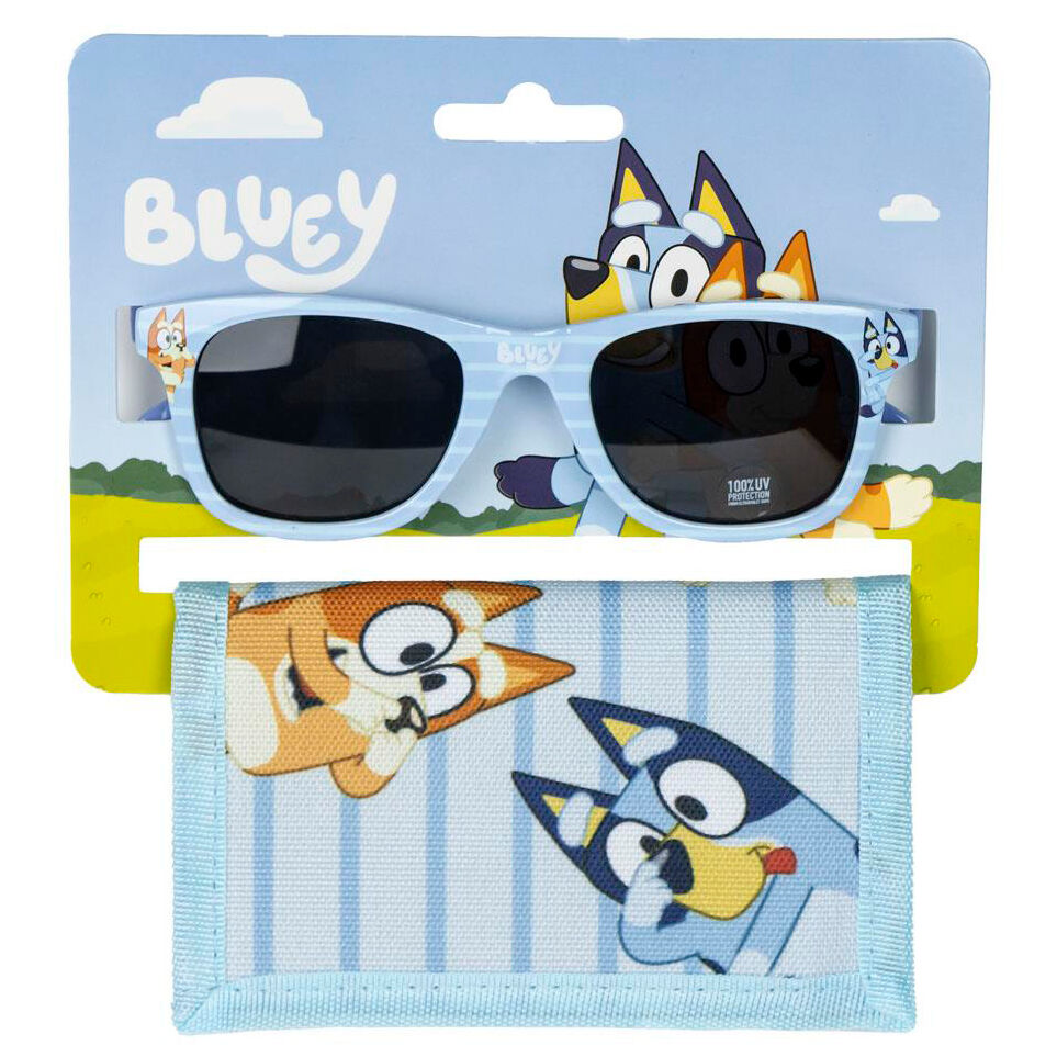 Set Bluey con gafas de sol azules y cartera decorada con Bluey y Bingo