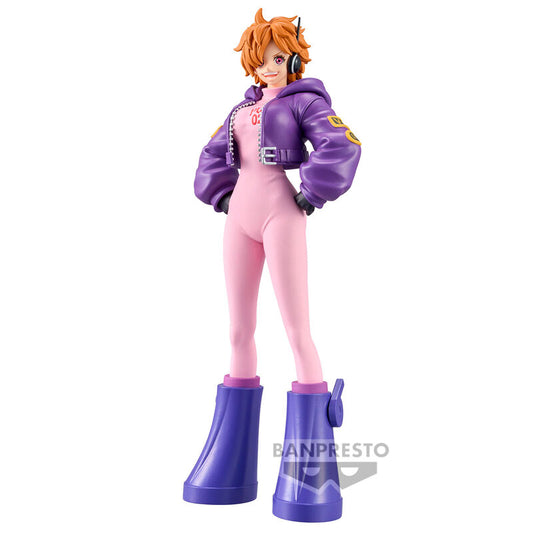 Figura de Dr. Vegapunk Lilith de One Piece con traje rosa y chaqueta morada