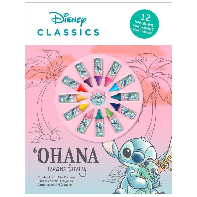 Cuaderno Stitch Disney con 12 mini ceras en blister