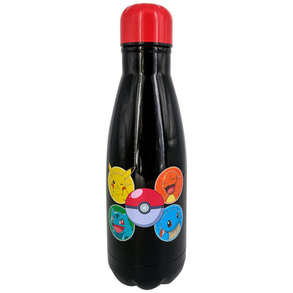 Botella Pokémon negra de acero inoxidable con tapón rojo y personajes