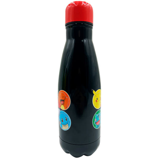 Botella Pokémon negra de acero inoxidable con tapón rojo y personajes - 2