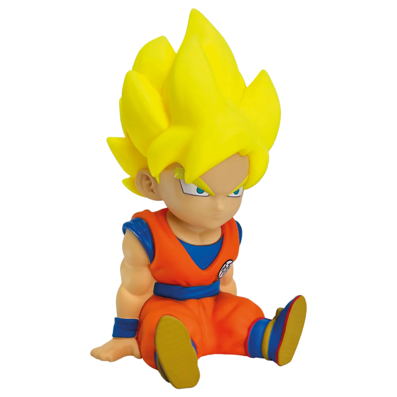 Hucha de Son Goku Super Saiyan sentado con uniforme naranja y azul