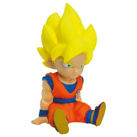 Hucha de Son Goku Super Saiyan sentado con uniforme naranja y azul