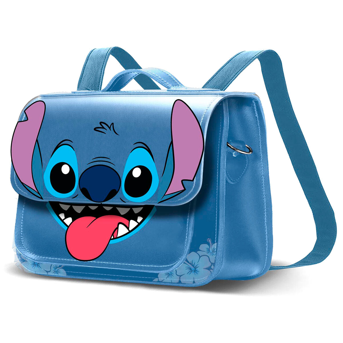 Bolso mochila bandolera azul de Stitch Disney con lengua y flores