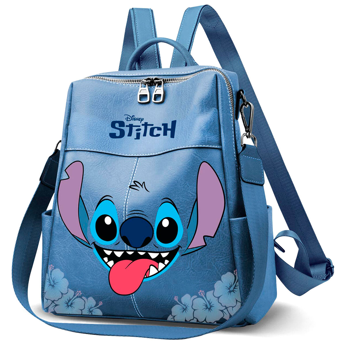 Mochila azul Disney Stitch con lengua roja y flores tropicales - 2