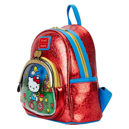 Mochila Loungefly Hello Kitty 50th Anniversary roja con panel frontal transparente