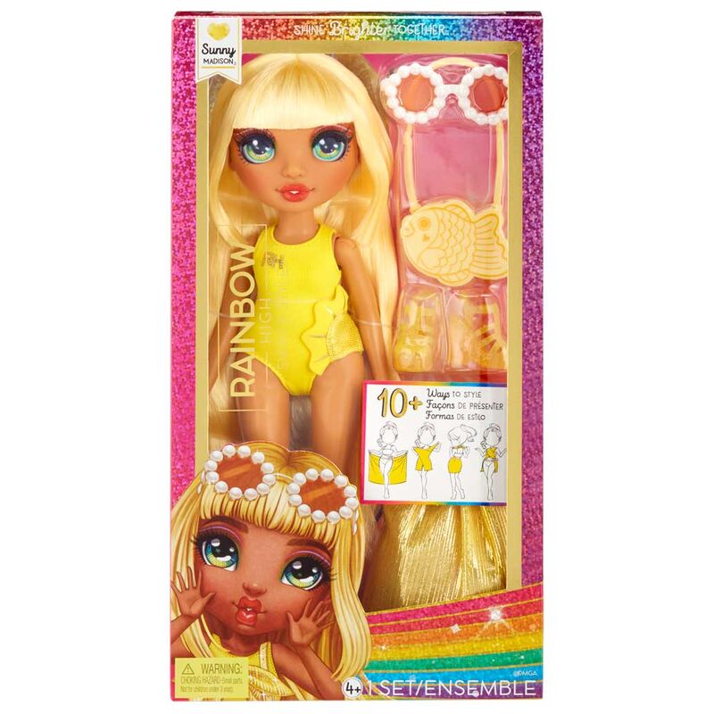 Muñeca Sunny Madison Rainbow High articulada con accesorios y conjunto amarillo