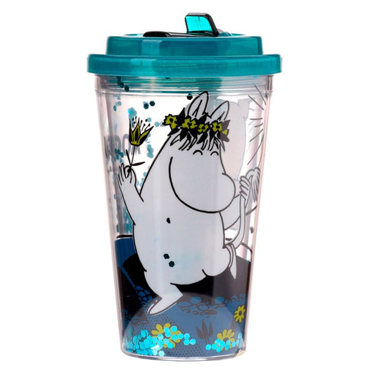 Vaso Moomin de plástico con tapa turquesa, pajita e ilustración floral