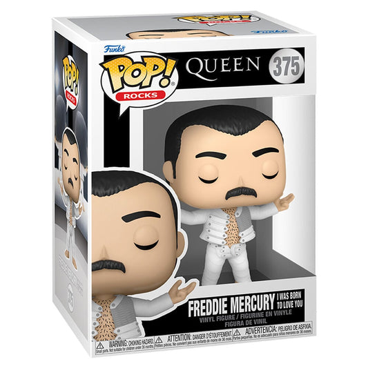 Figura Funko POP! Rocks de Freddie Mercury con traje blanco en su caja