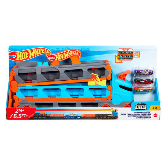 Camión transportador Hot Wheels azul y naranja con tres coches - 2
