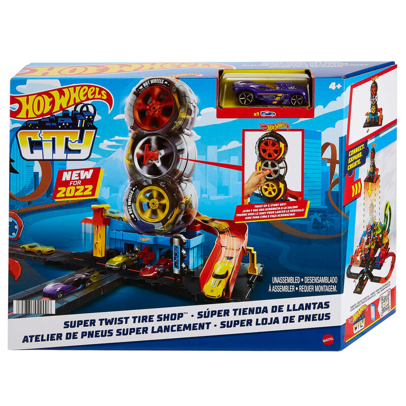 Conjunto Hot Wheels City Super Twist Tire Shop con torre de neumáticos y coche incluido