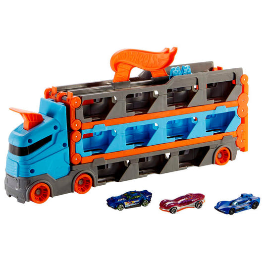Camión transportador Hot Wheels azul y naranja con tres coches