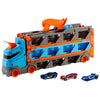Camión transportador Hot Wheels azul y naranja con tres coches