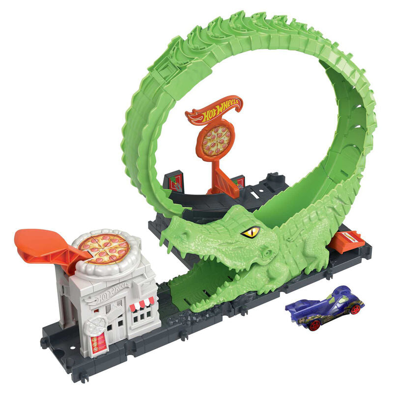 Pista Hot Wheels City con caimán, pizzería y coche 1:64 - 2