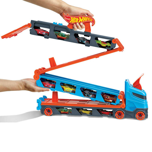 Camión transportador Hot Wheels azul y naranja con tres coches - 4