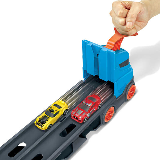 Camión transportador Hot Wheels azul y naranja con tres coches - 6