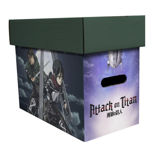 Caja de almacenaje Attack on Titan con tapa verde e ilustraciones de la serie