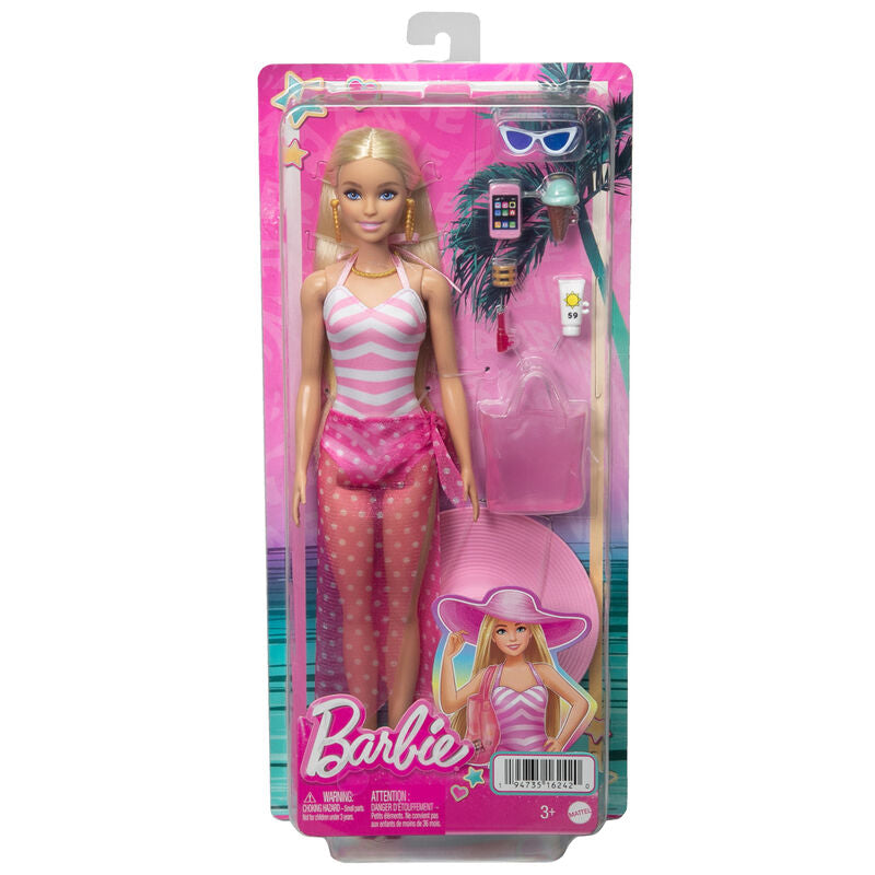 Muñeca Barbie Día en la Playa con bañador rosa y accesorios