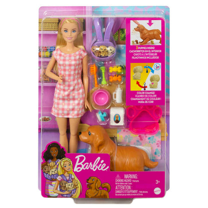 Muñeca Barbie con perrita, tres cachorros y accesorios