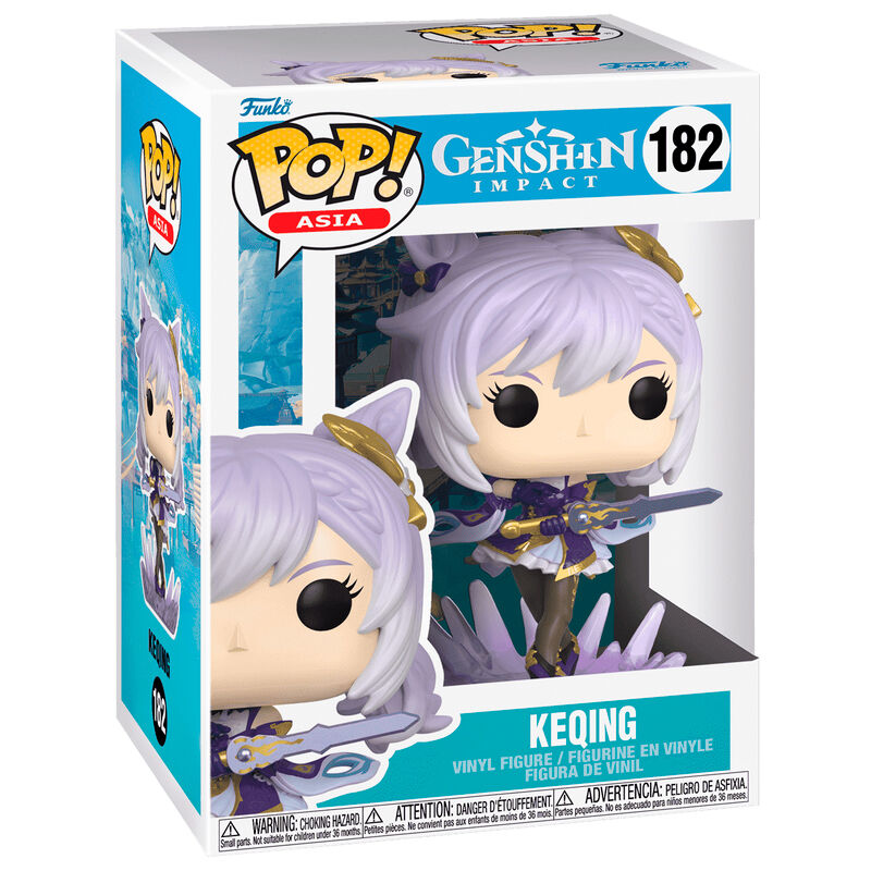 Figura Funko POP! de Keqing de Genshin Impact con espada en su caja