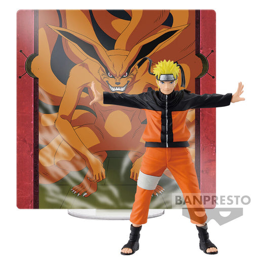 Figura de Naruto Uzumaki Banpresto con panel ilustrado de un zorro de nueve colas