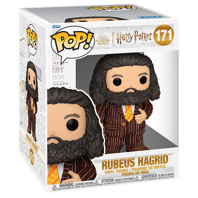 Figura Funko POP! de Rubeus Hagrid con atuendo marrón y corbata amarilla en su caja