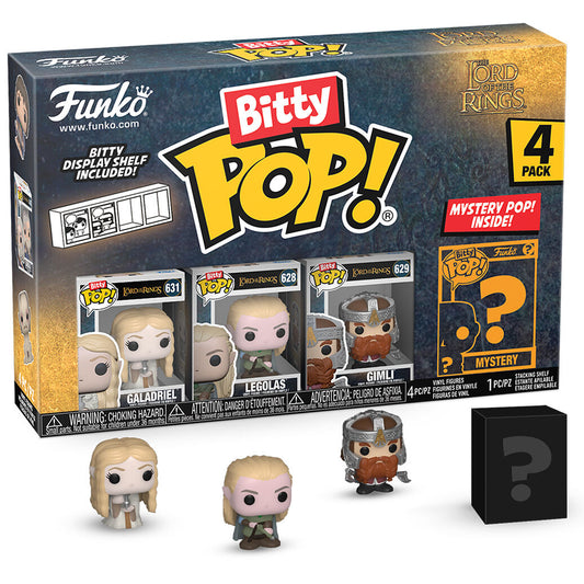 Blister FUNKO Bitty POP! de El Señor de los Anillos con Galadriel, Legolas, Gimli y figura misteriosa