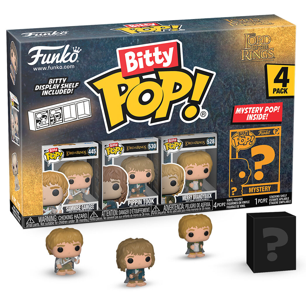 Pack Funko Bitty Pop! de El Señor de los Anillos con cuatro figuras y expositor
