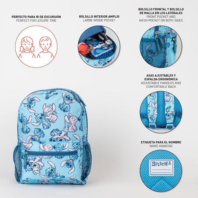 Mochila escolar azul de Stitch Disney con bolsillo frontal y bolsillos laterales - 4
