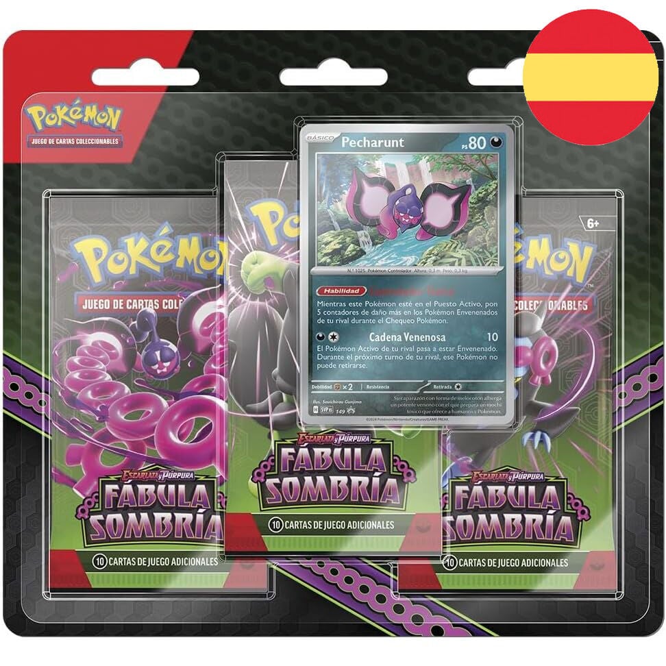 Blíster Pokémon Fábula Sombría con tres sobres y carta de Pecharunt