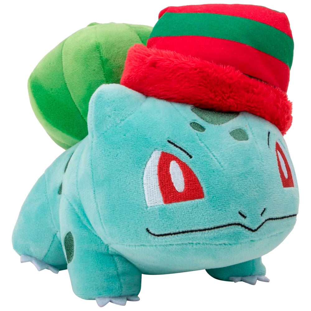 Peluche navideño de Bulbasaur Pokémon con gorro rojo y verde