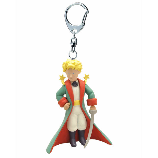 Llavero con figura de El Principito con abrigo verde, espada y estrellas