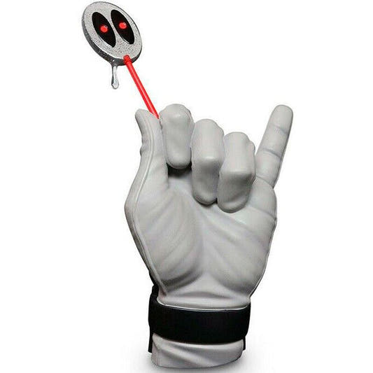 Estatua Heroic Hands de Deadpool con mano gris y emblema circular