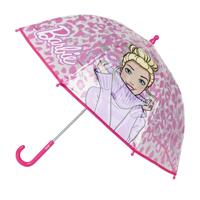 Paraguas burbuja transparente de Barbie con estampado rosa y mango fucsia