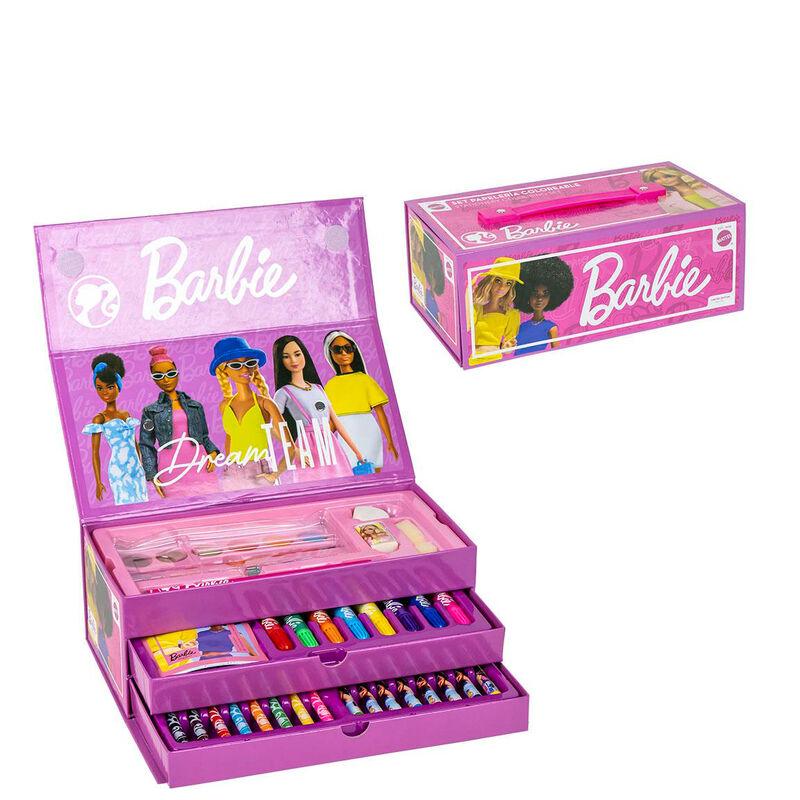 Maletín rosa de papelería para colorear Barbie abierto