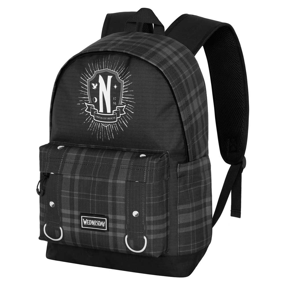 Mochila negra Wednesday Chains con estampado de cuadros y escudo de Nevermore - 3