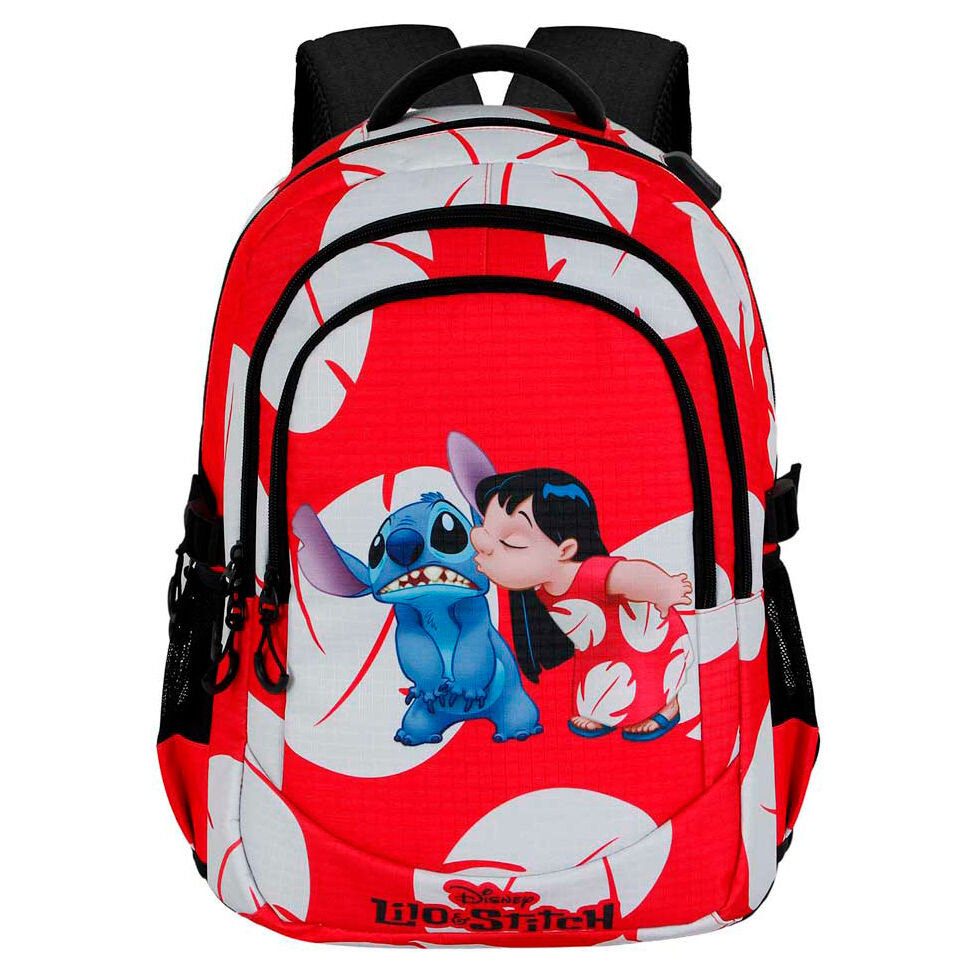 Mochila roja y blanca Disney Stitch con ilustración de Stitch y Lilo