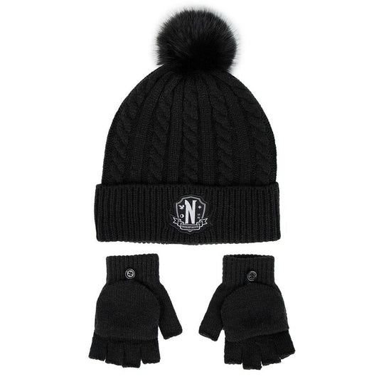 Set negro de gorro con pompón y guantes sin dedos Wednesday
