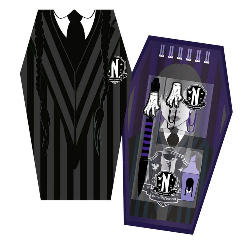 Set de papelería de Miércoles CERDÁ con diseño negro y morado