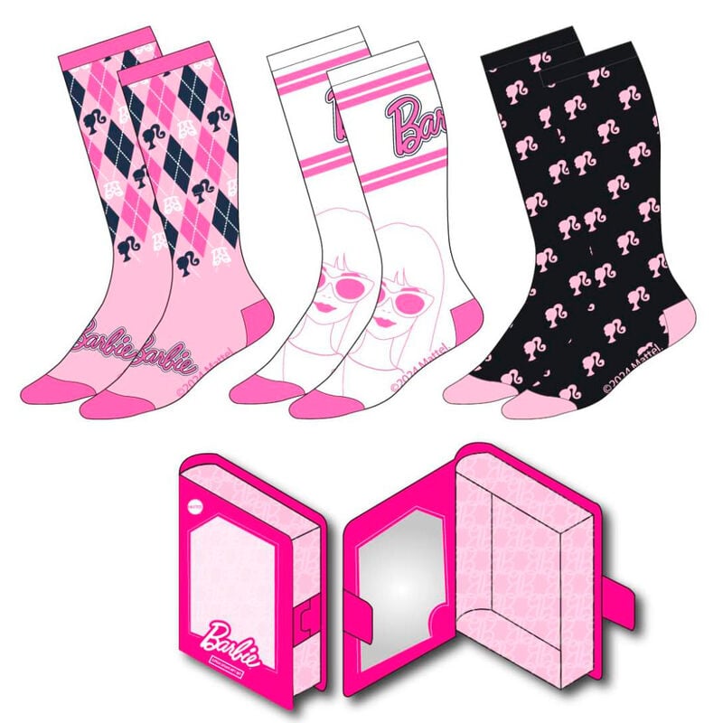 Set de tres pares de calcetines Barbie en rosa, blanco y negro