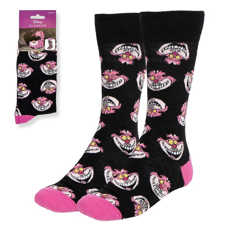Calcetines negros Disney con estampado del Gato de Cheshire y detalles rosas
