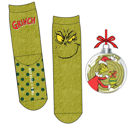 Calcetines antideslizantes verdes del Grinch en formato bola de Navidad - 2