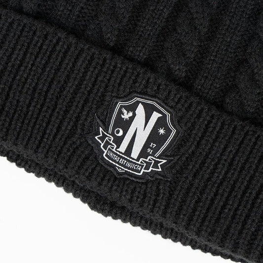 Set negro de gorro con pompón y guantes sin dedos Wednesday - 4