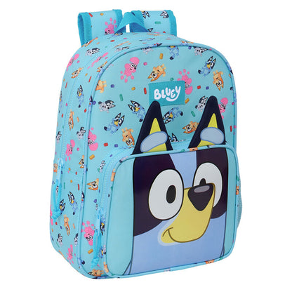 Mochila Bluey azul turquesa con ilustración frontal