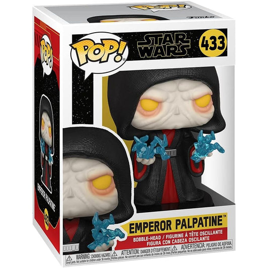 Figura Funko POP! de Palpatine con efectos azules en caja con ventana