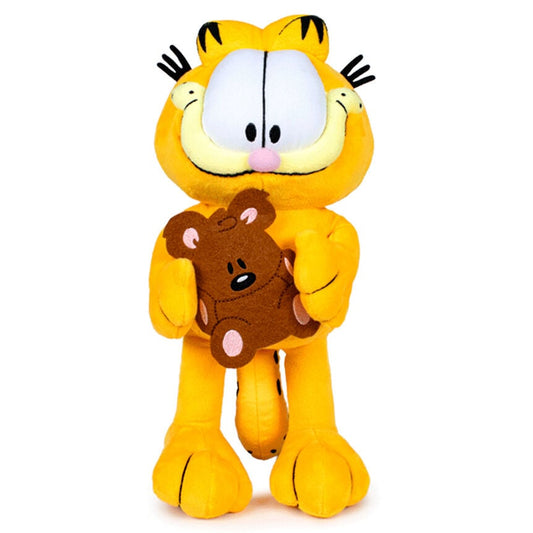 Peluche Garfield naranja abrazando un osito marrón