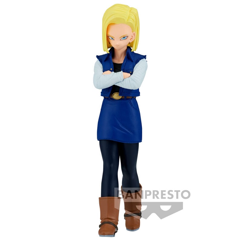 Figura de Android 18 de Dragon Ball Z con atuendo azul y brazos cruzados