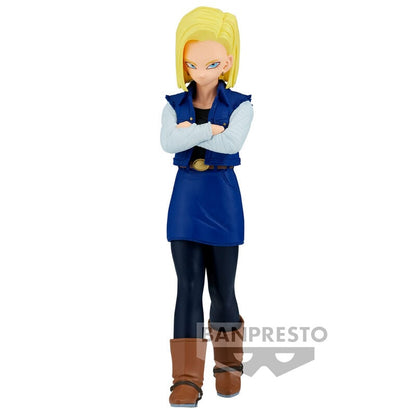 Figura de Android 18 de Dragon Ball Z con atuendo azul y brazos cruzados
