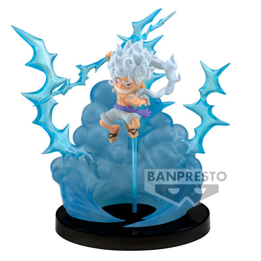 Figura de Monkey D. Luffy Gear 5 de One Piece con efectos azules y base negra